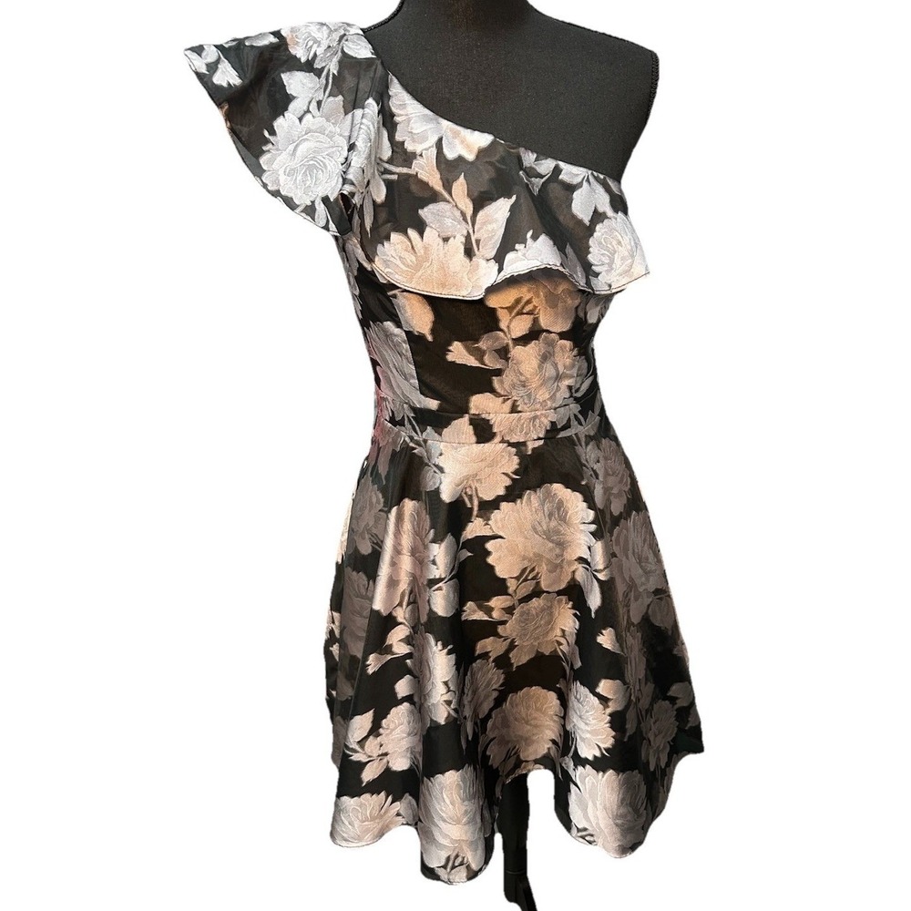 Xscape Dress Women's Sz 4 One Shoulder Chiffon Lining Rose Print BckPurple NWT